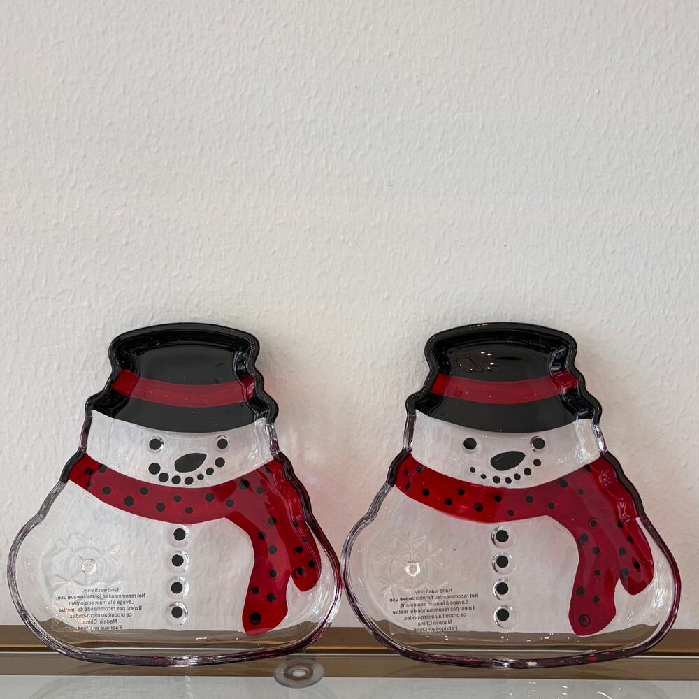 2pc Peppermint Square SNOWMAN Glass Plates 6.5in Christmas Holiday NEW